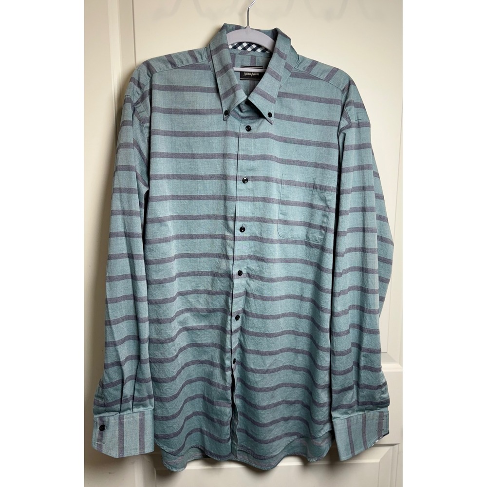 Neiman‎ Marcus Striped Button-Up Shirt XL Blue Gray Cotton Gingham Trim Classic